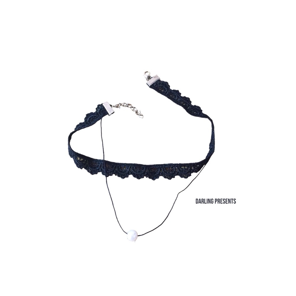 Lace Pearl Drop Choker Necklace Women Color Black